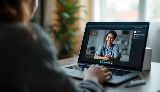 Woman on telehealth video call on laptop