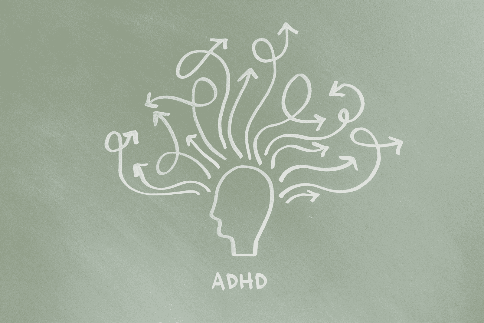 Chalk drawing of a head with “ADHD” and arrows showing scattered thoughts.