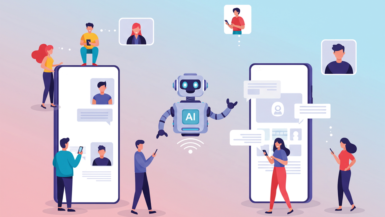 An illustration of people interacting with a chatbot AI on their smartphones, with a friendly robot in the center