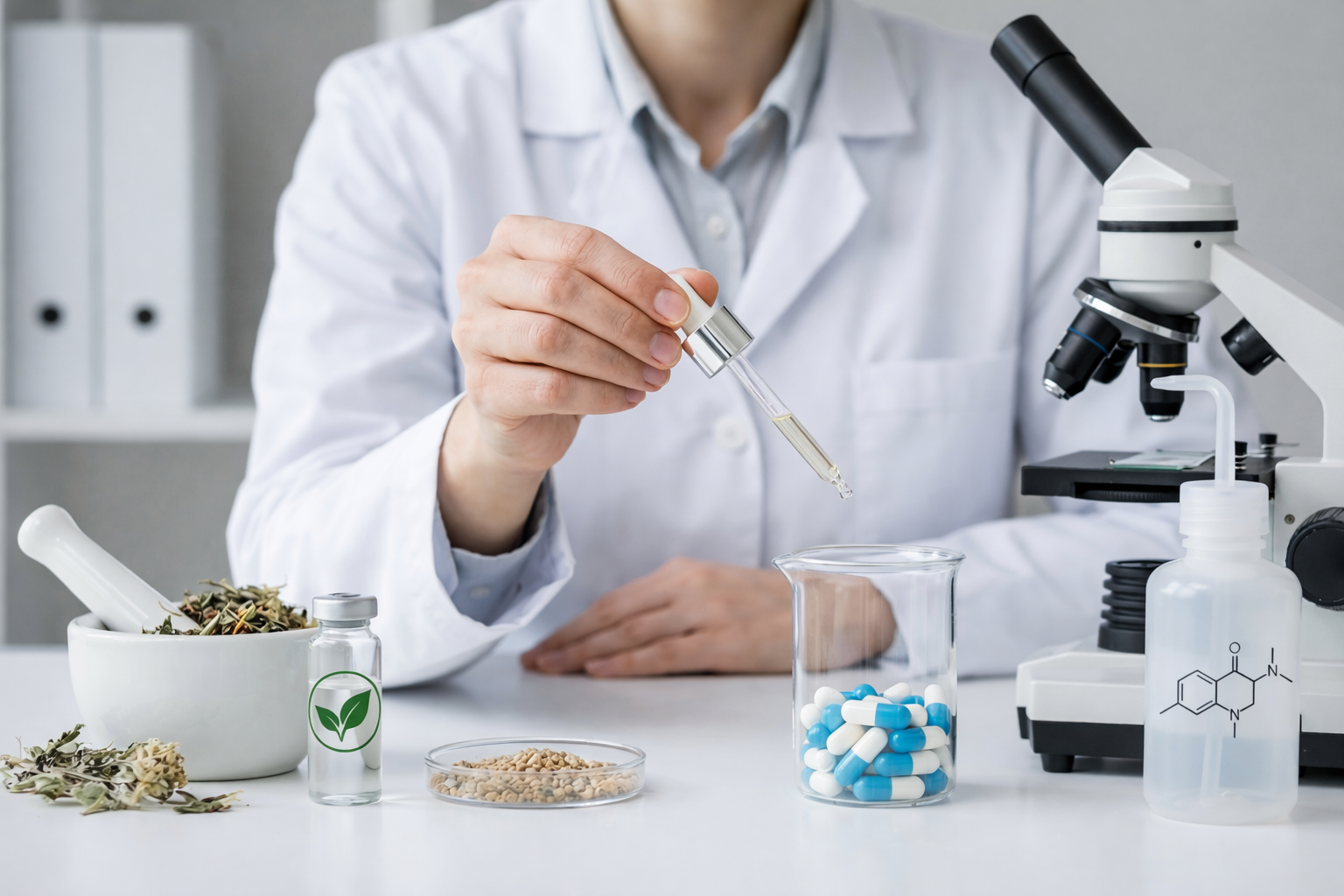 Scientist in a lab coat holding a dropper over natural ingredients and synthetic pills, with a microscope nearby.