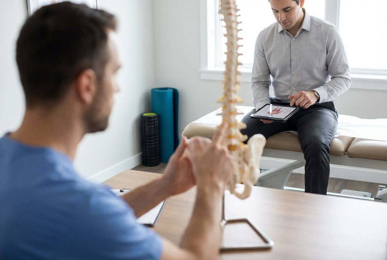The chiropractor points to a spine model while a patient looks at a tablet with a muscle diagram.