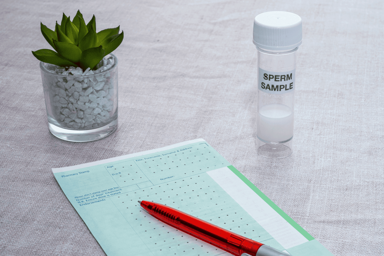 Container labeled “Sperm Sample” next to a red pen and medical form on a table