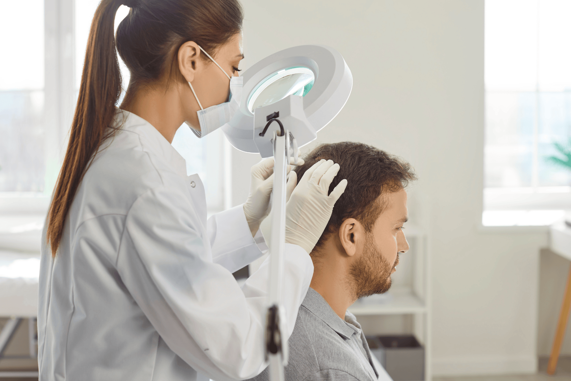 Dermatologist examining a male patient's scalp under a magnifying lamp in a medical office.