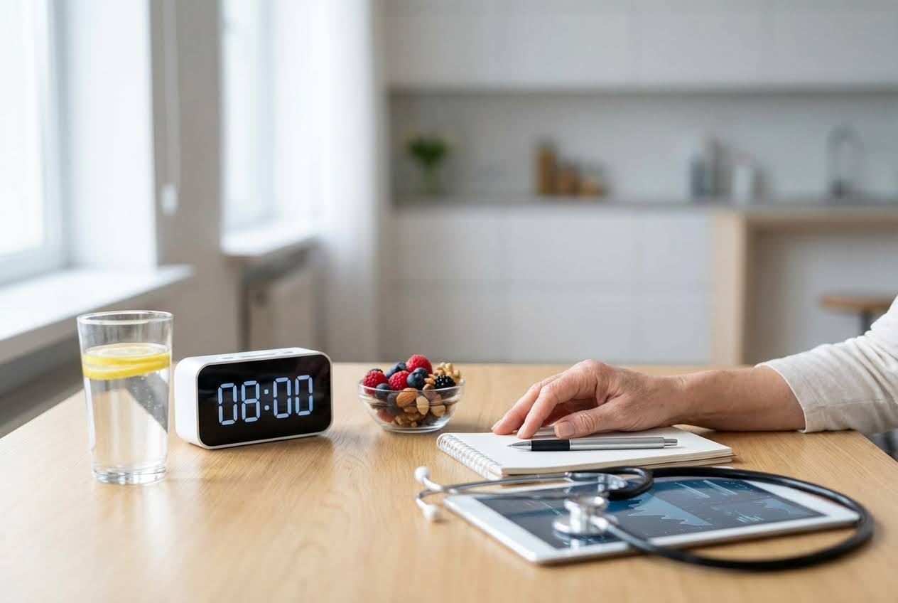 Digital clock, water, berries, nuts, and a hand writing in a notebook with a stethoscope and tablet.