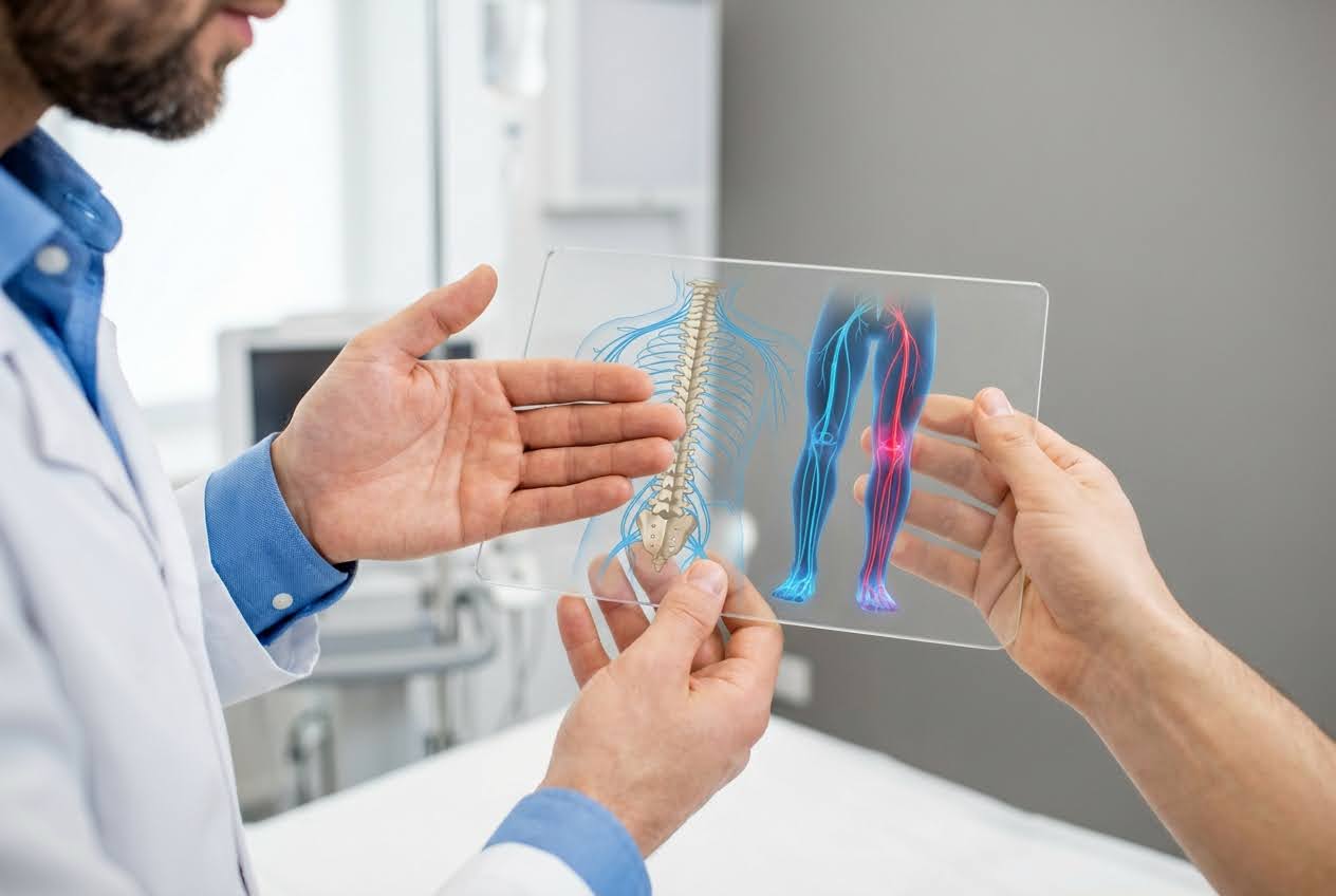 Doctor and patient holding a transparent tablet displaying a human spine and legs with highlighted nerves