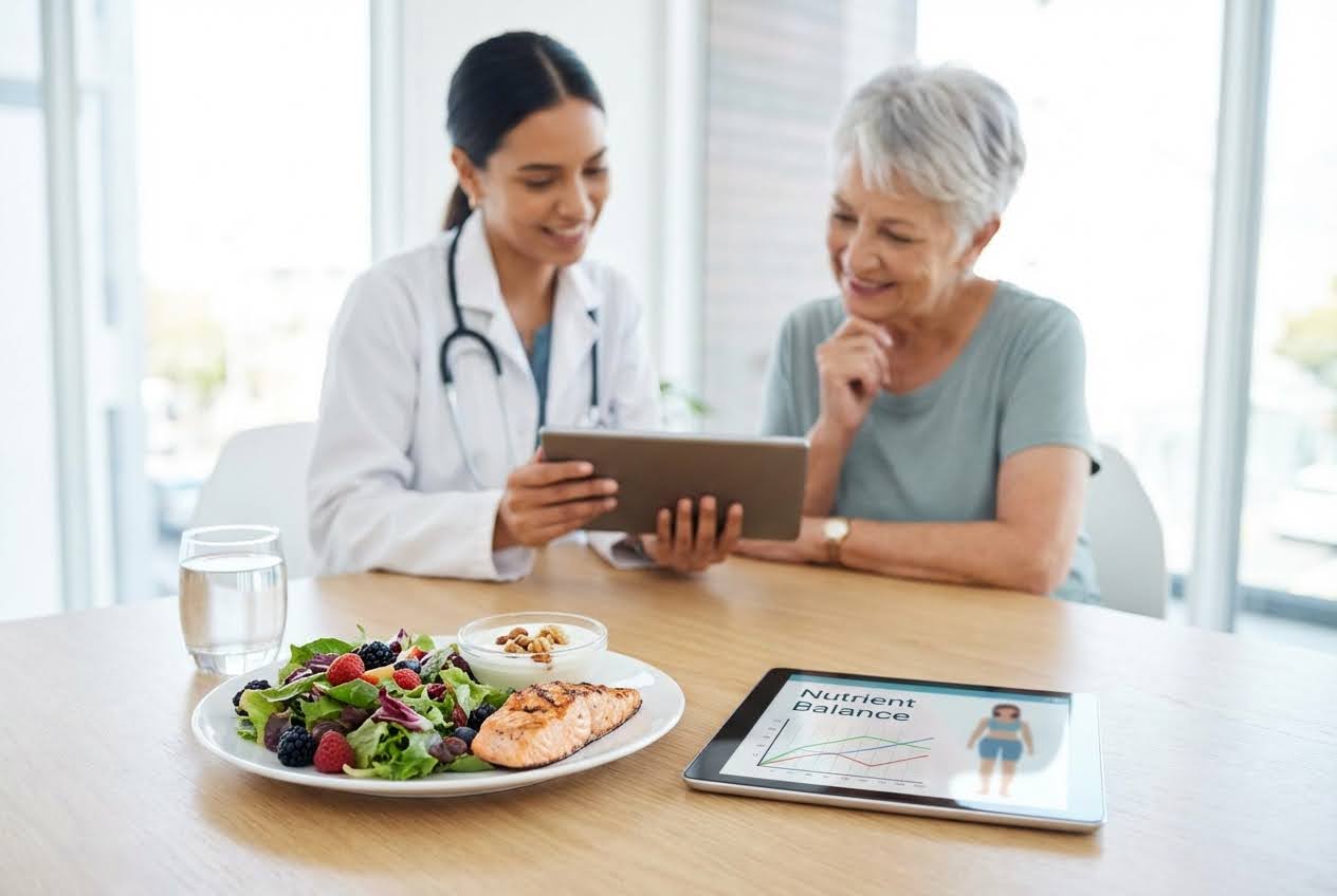 Doctor and senior woman discussing "Nutrient Balance" on a tablet, with a healthy meal of salmon, salad, and yogurt on the table.