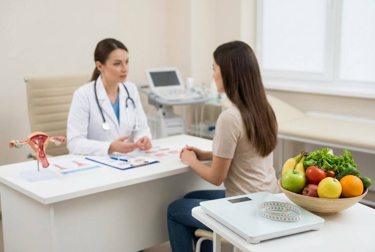 Doctor consults patient about health, with a uterus model, fruit bowl, scale, and measuring tape in the foreground.