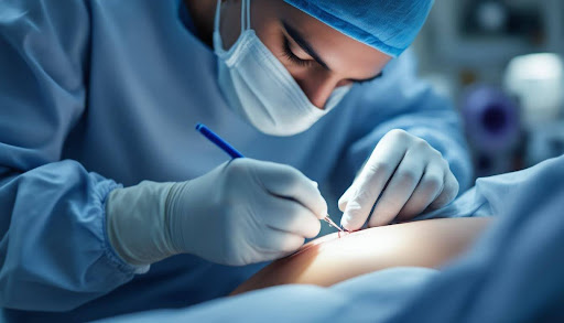 Doctor stitching up a patient