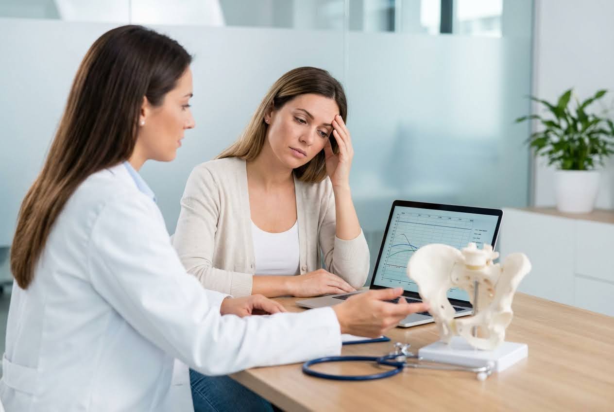 Doctor explaining medical data on a laptop and a pelvis model to a fatigued woman holding her head.