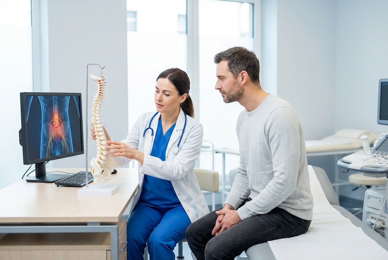 Doctor explains a spine model to a male patient, with a monitor showing a glowing lower back.