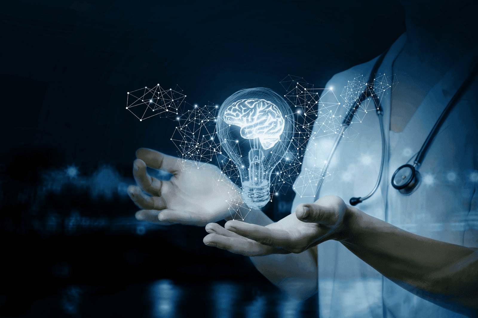 Doctor holding a glowing holographic lightbulb with a brain inside.