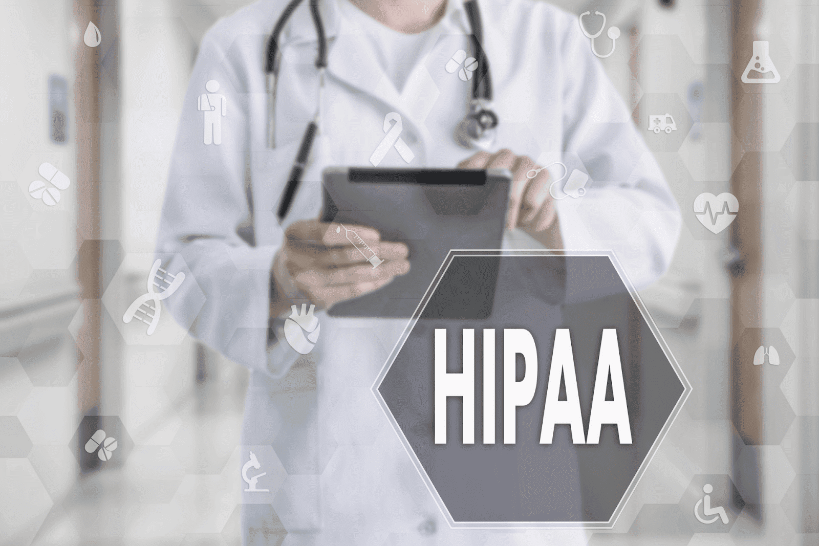 Doctor holding a tablet with the word “HIPAA” overlaid, symbolizing healthcare data privacy.