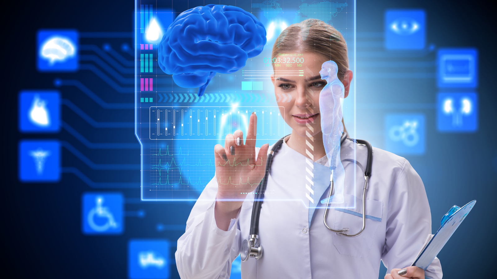 Female doctor using futuristic virtual interface to analyze brain and human anatomy