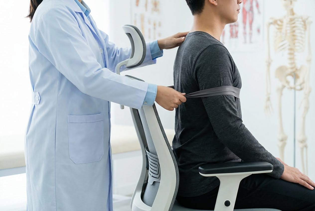 Doctor in a white coat helping a male patient seated in a chair with a resistance band for posture correction
