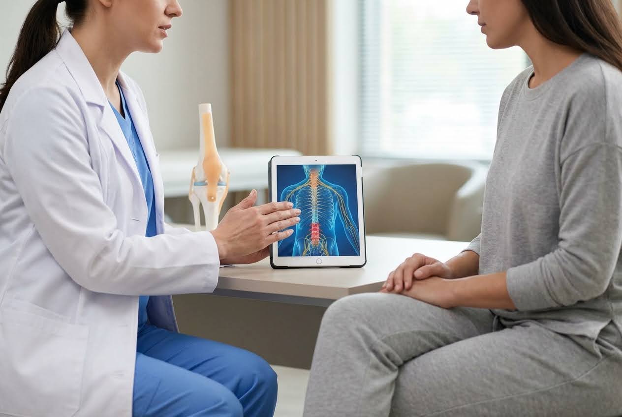 Doctor in a white coat showing a patient a tablet displaying a human spine with a red painful area.