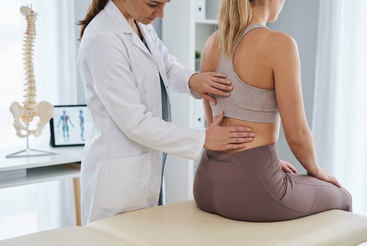 Doctor in white coat examining a woman's back, with a spine model and anatomical diagram on a tablet in the background.