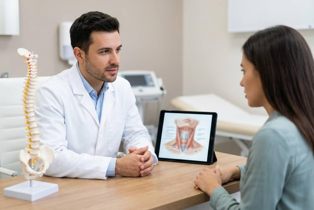 Doctor in white coat explaining neck anatomy on a tablet to a female patient, with a spine model on the desk.