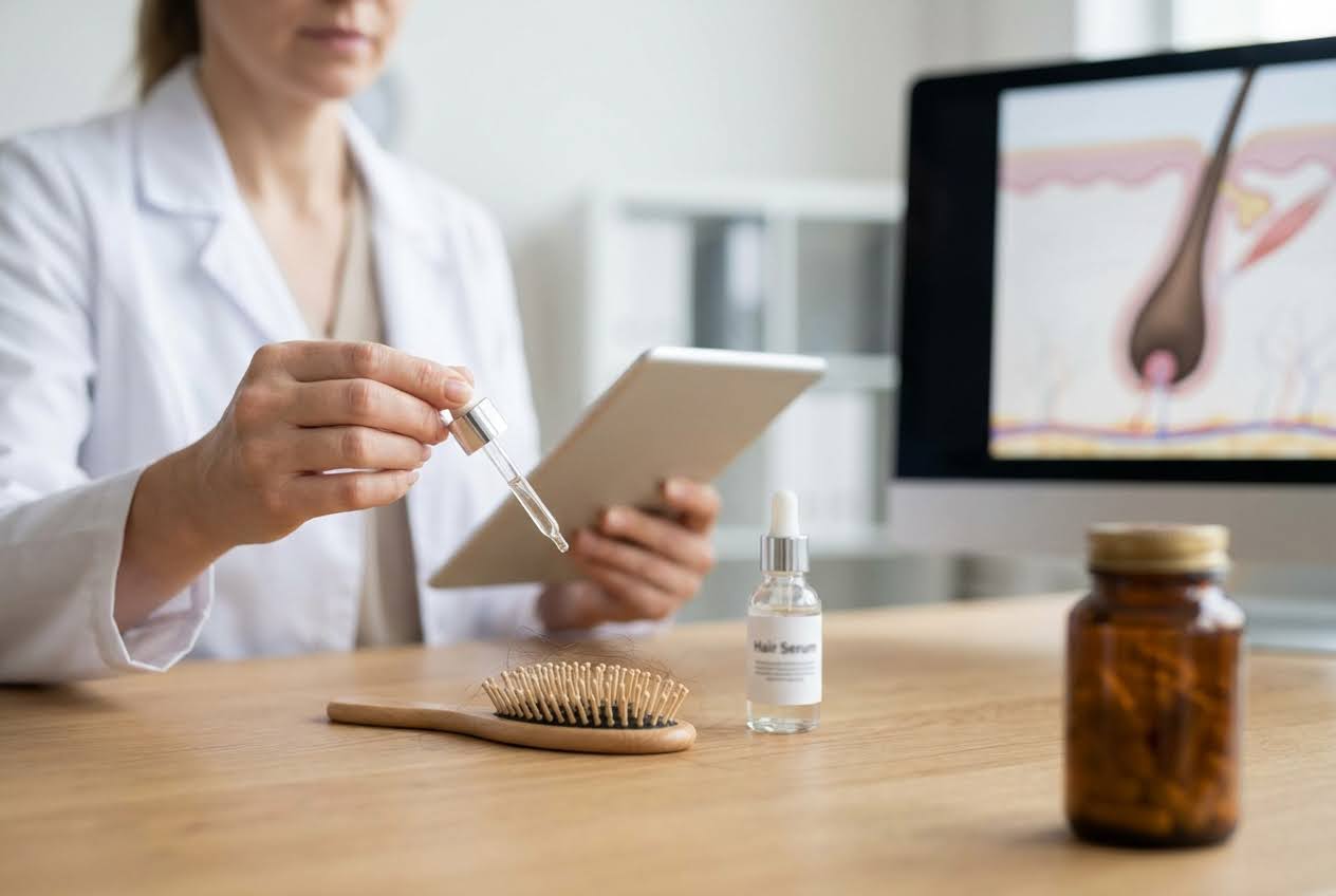 Doctor in a white coat holding a dropper, with hair serum, a brush with fallen hair, and a hair follicle diagram on a screen.