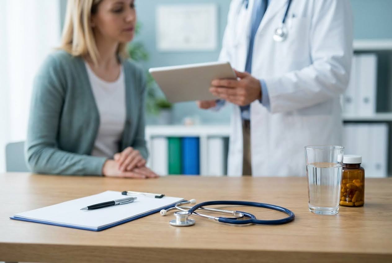 Doctor in white coat holding a tablet, talking to a blonde woman across a desk with a clipboard, stethoscope, water, and pills.