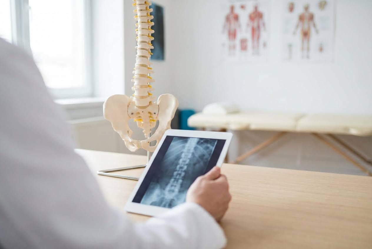 Doctor in a white coat holding a tablet with a spine X-ray, next to a spine model on a wooden desk in a bright clinic