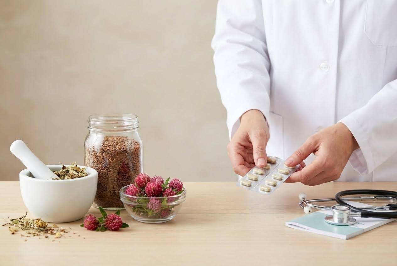 Doctor in a white coat holding pills, with a mortar and pestle of herbs, flax seeds, and red clover flowers on a wooden table.