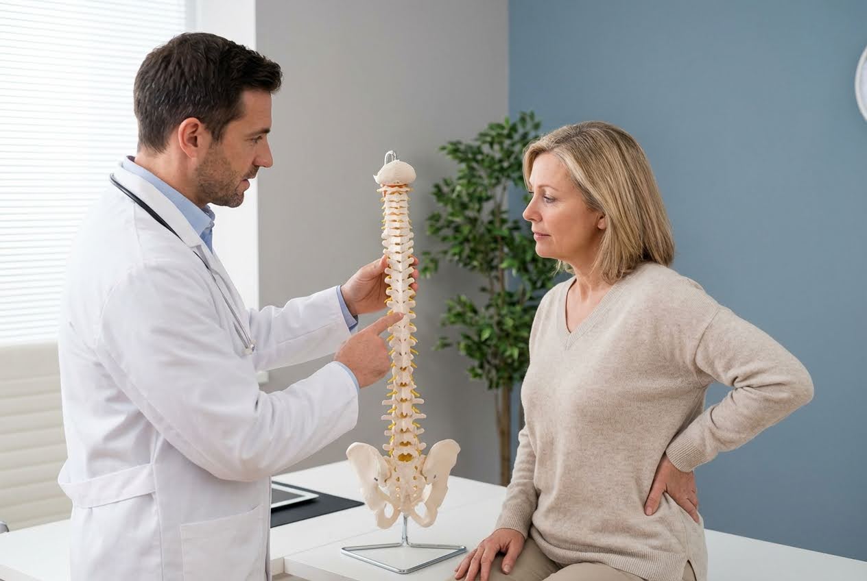 A doctor in a white coat, pointing at a spine model while a woman with her hand on her lower back listens.