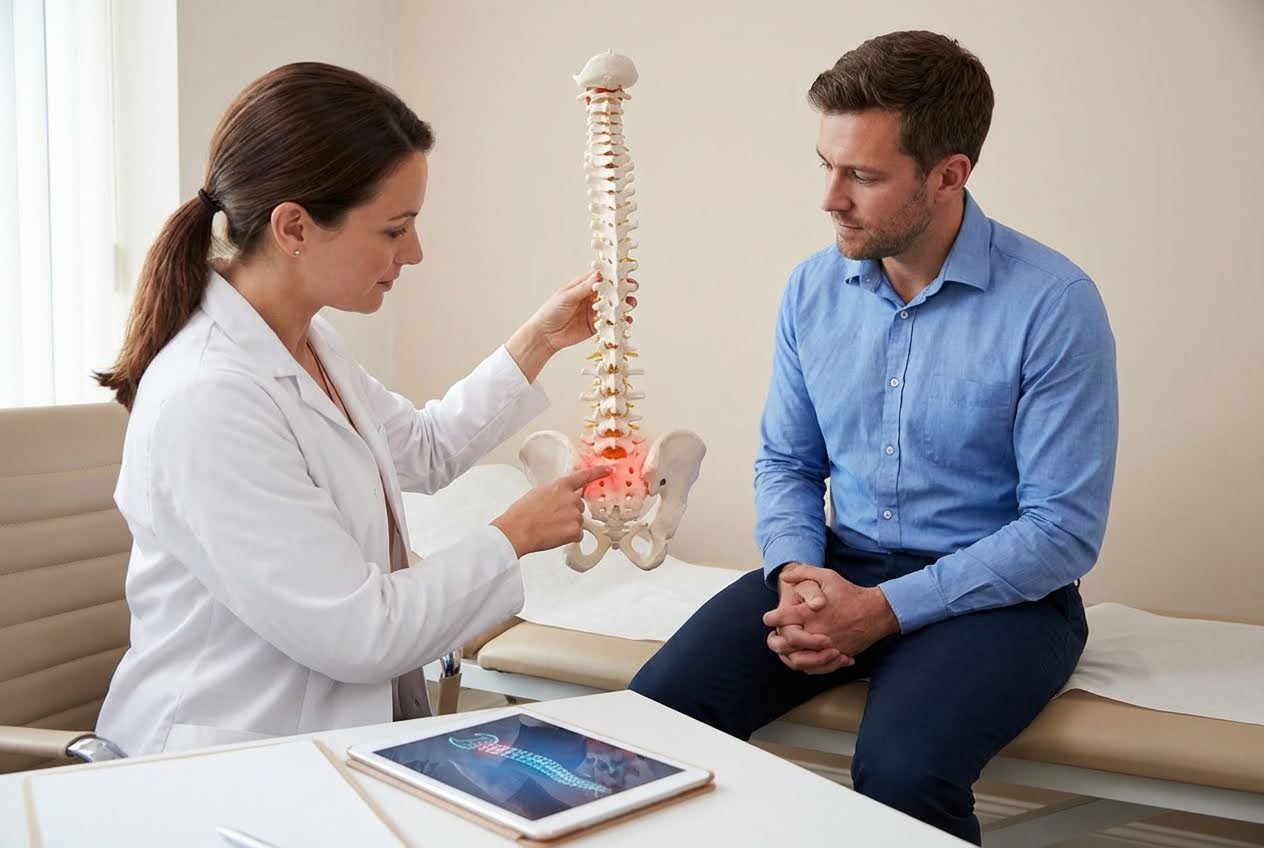 Doctor in white coat pointing to a red, inflamed coccyx on a spine model for a male patient.