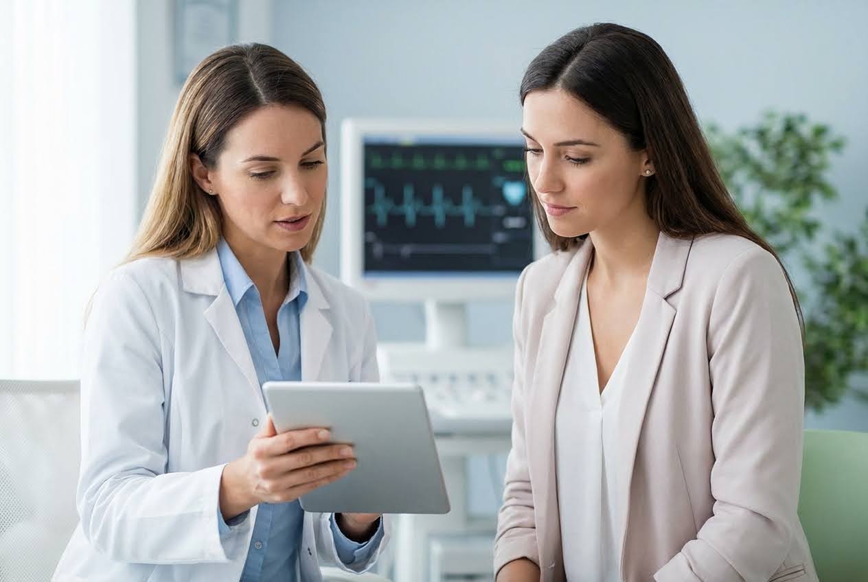 Doctor in white coat showing a tablet to a patient in a beige blazer, with a heart monitor in the background