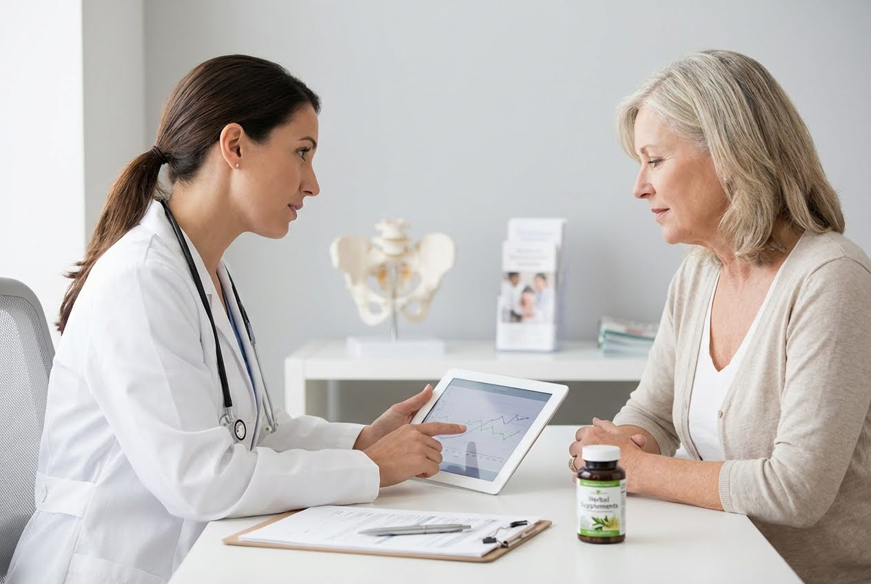 A doctor in a white coat shows a tablet with a graph to an older woman, with a "Herbal Supplements" bottle on the table.