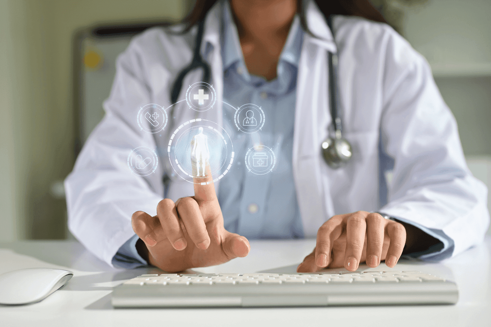 Doctor in white coat using a virtual touchscreen interface with medical icons.