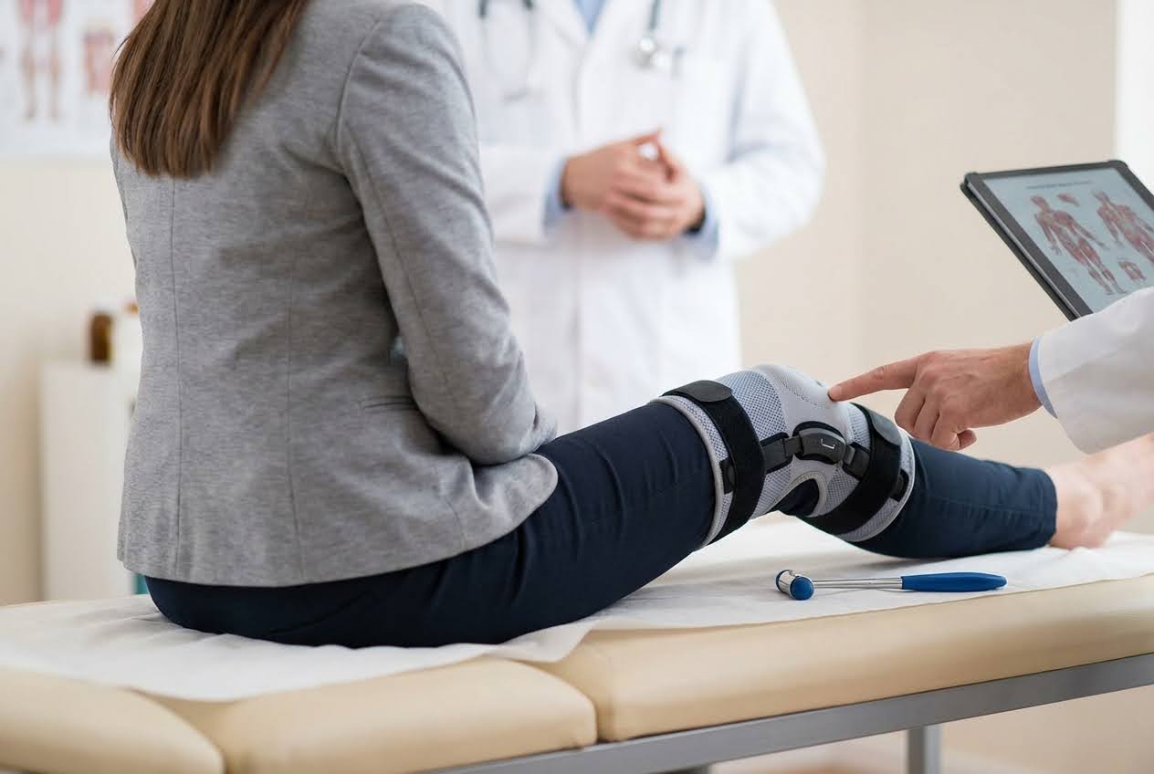Doctor pointing at a patient's knee brace while holding a tablet with anatomical diagrams.