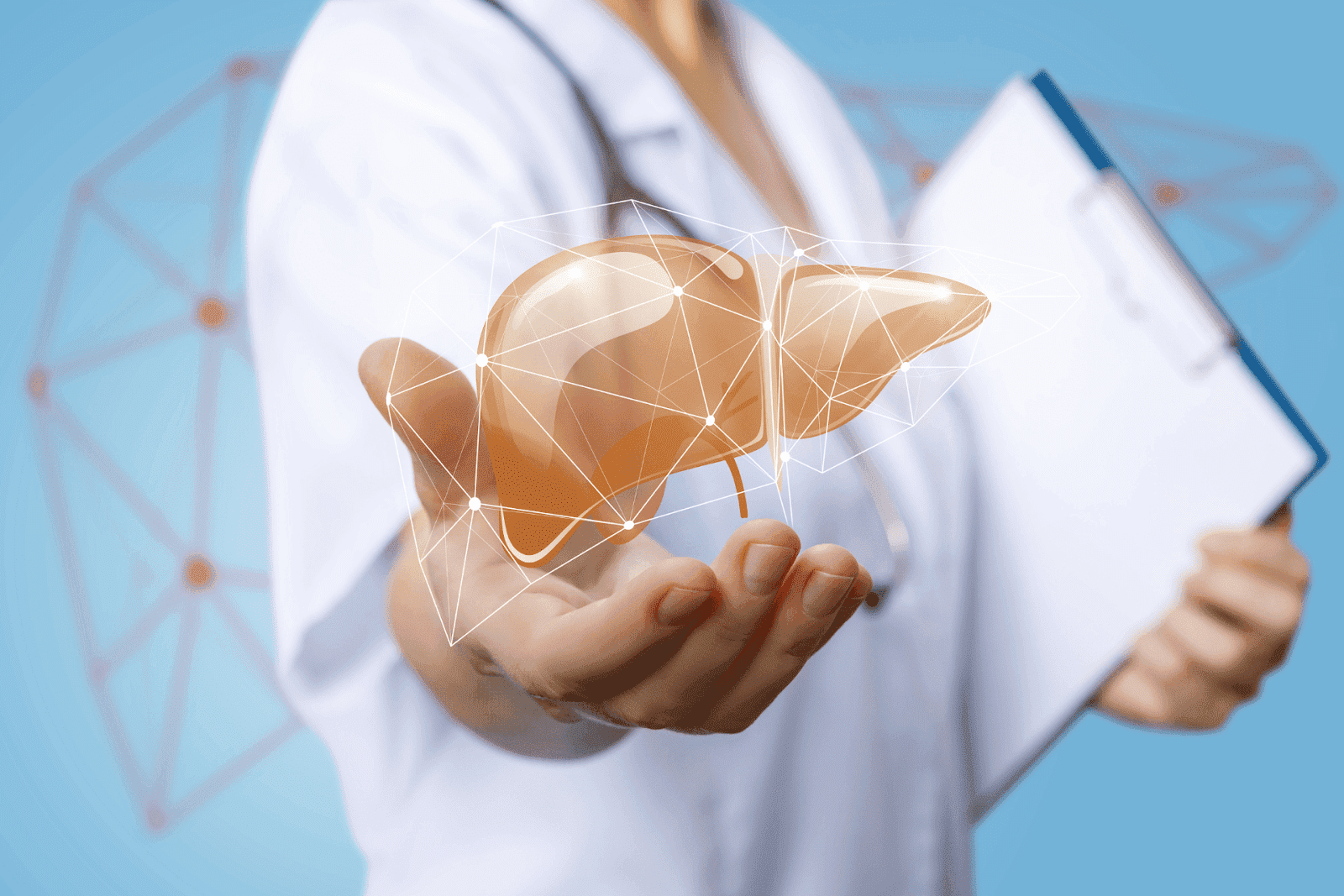 Doctor presenting a digital hologram of a liver.