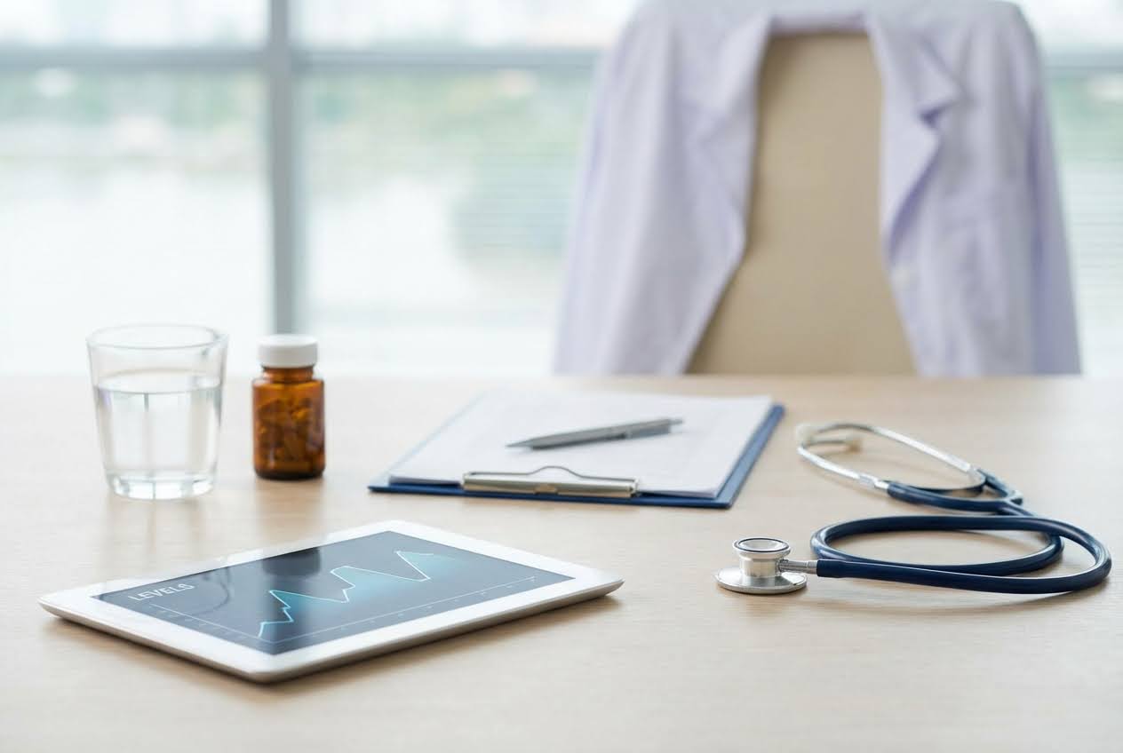 Doctor's desk with a tablet displaying a "LEVELS" chart, pills, water, a stethoscope, and a white lab coat on a chair.