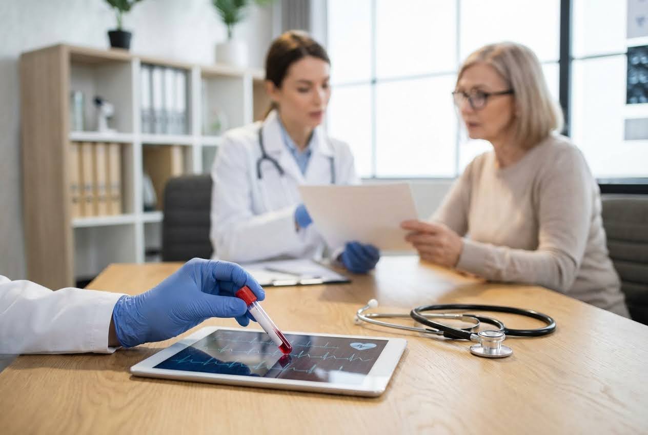 Doctor's gloved hand holds a blood sample tube over a tablet with a heart rate display, with a patient and doctor in the background.