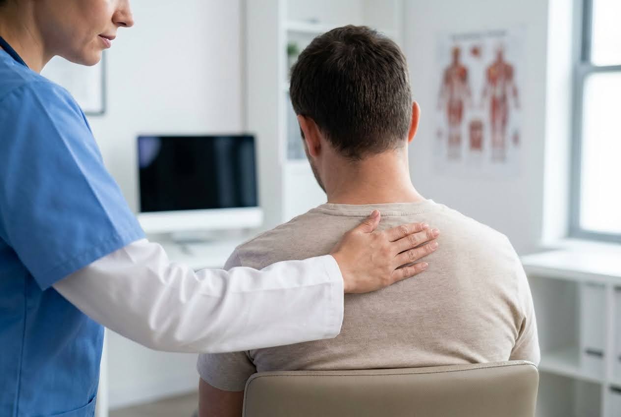 Doctor's hand on a man's shoulder from behind, in a bright clinic with a skeletal chart and computer in the background