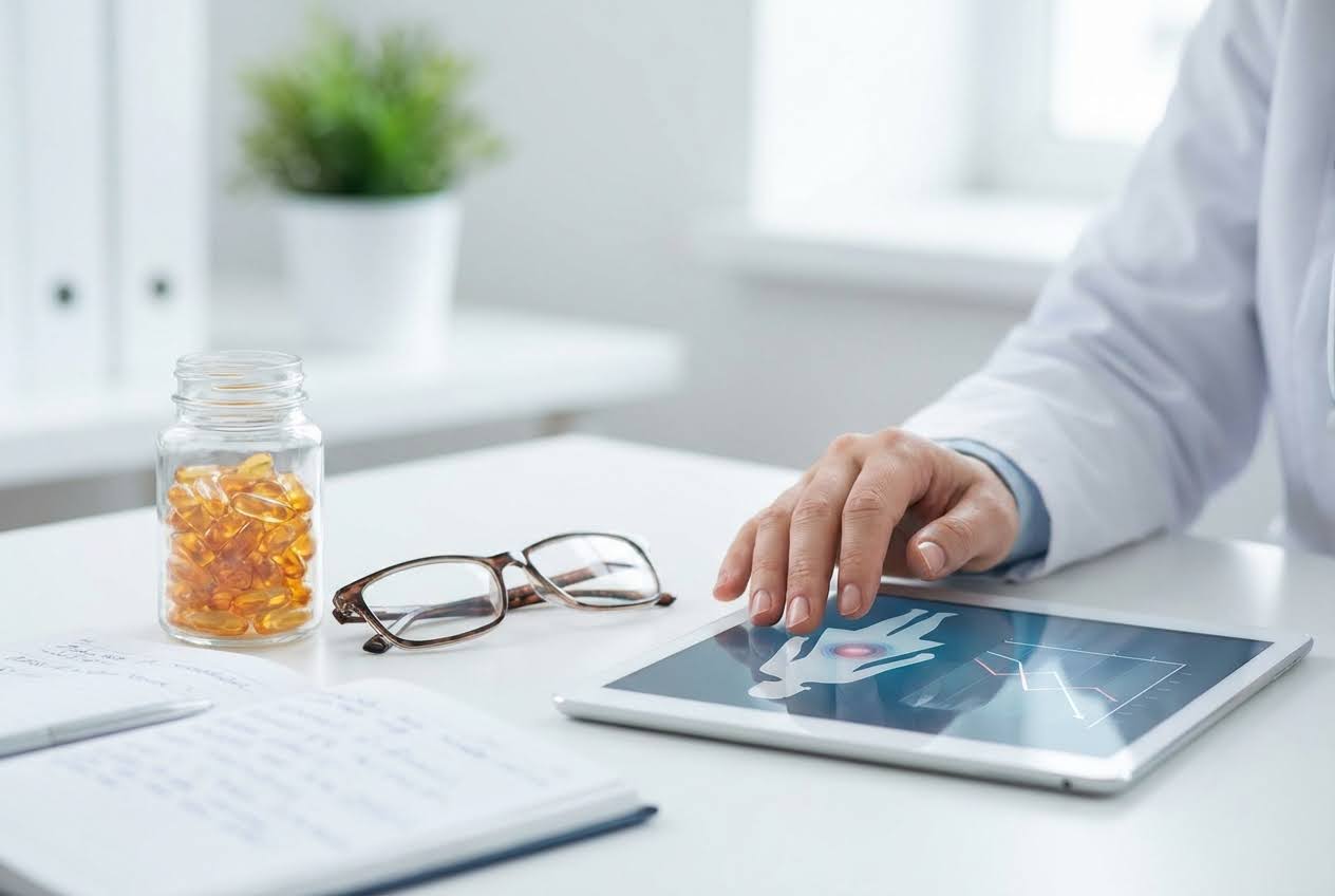Doctor's hand on a tablet displaying a human silhouette with a glowing pelvis, next to a jar of amber capsules and glasses.