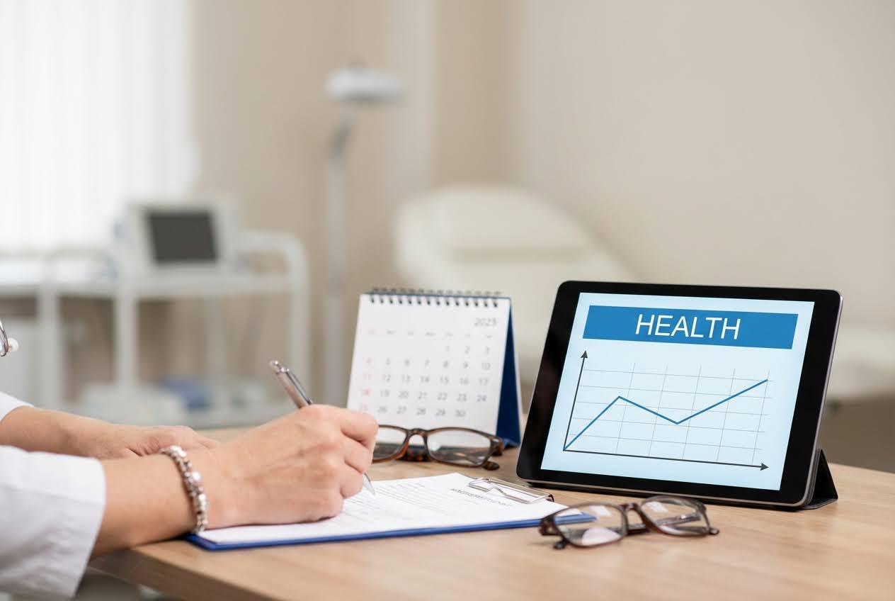 Doctor's hands writing on a clipboard, with a "HEALTH" graph on a tablet and a calendar on a wooden desk in a medical office.