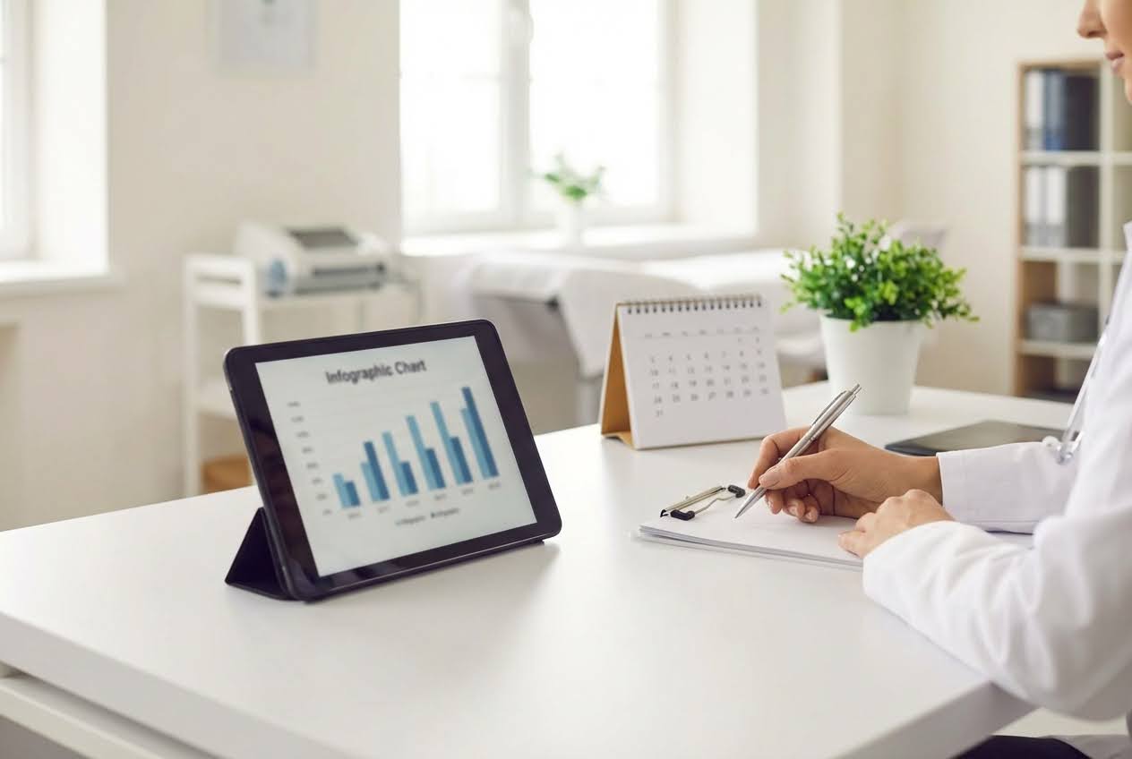 Doctor's hands writing on a clipboard, with a tablet displaying a bar chart, calendar, and plant on a white desk