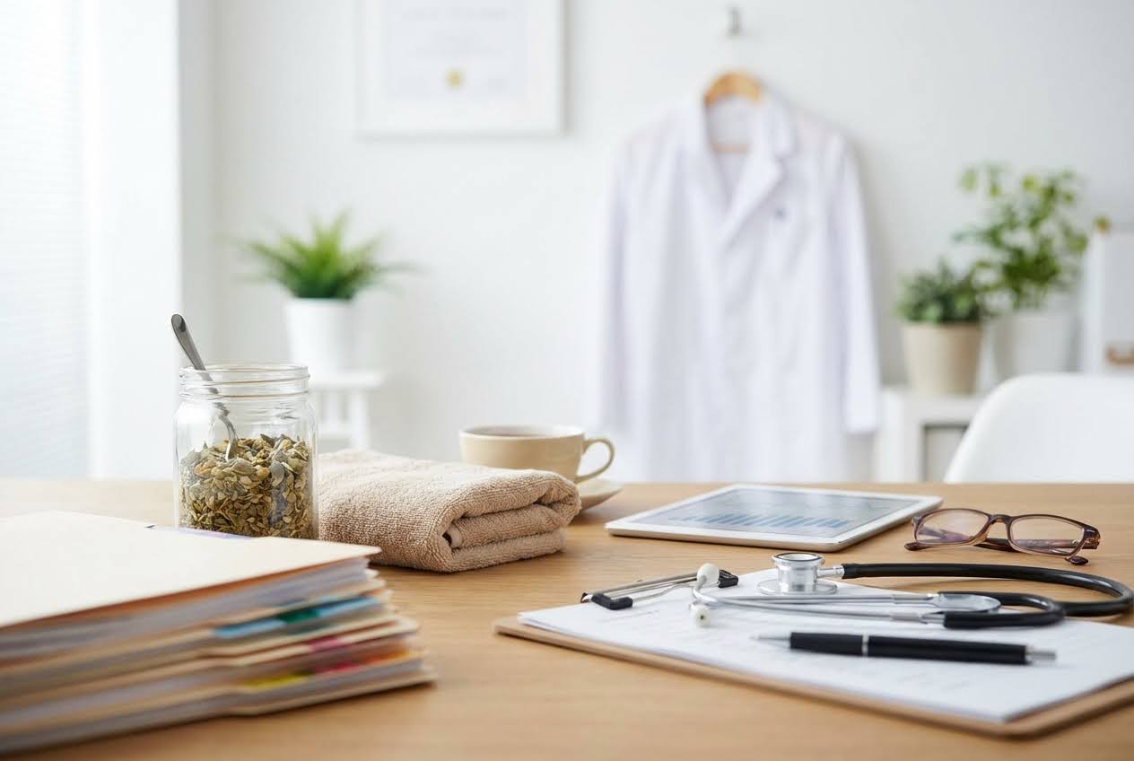 Doctor's office desk with medical files, a jar of herbs, a towel, coffee, a tablet, a stethoscope, and glasses.