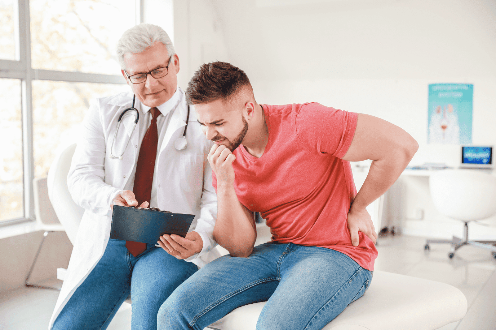 Doctor showing a clipboard with lab results to a man