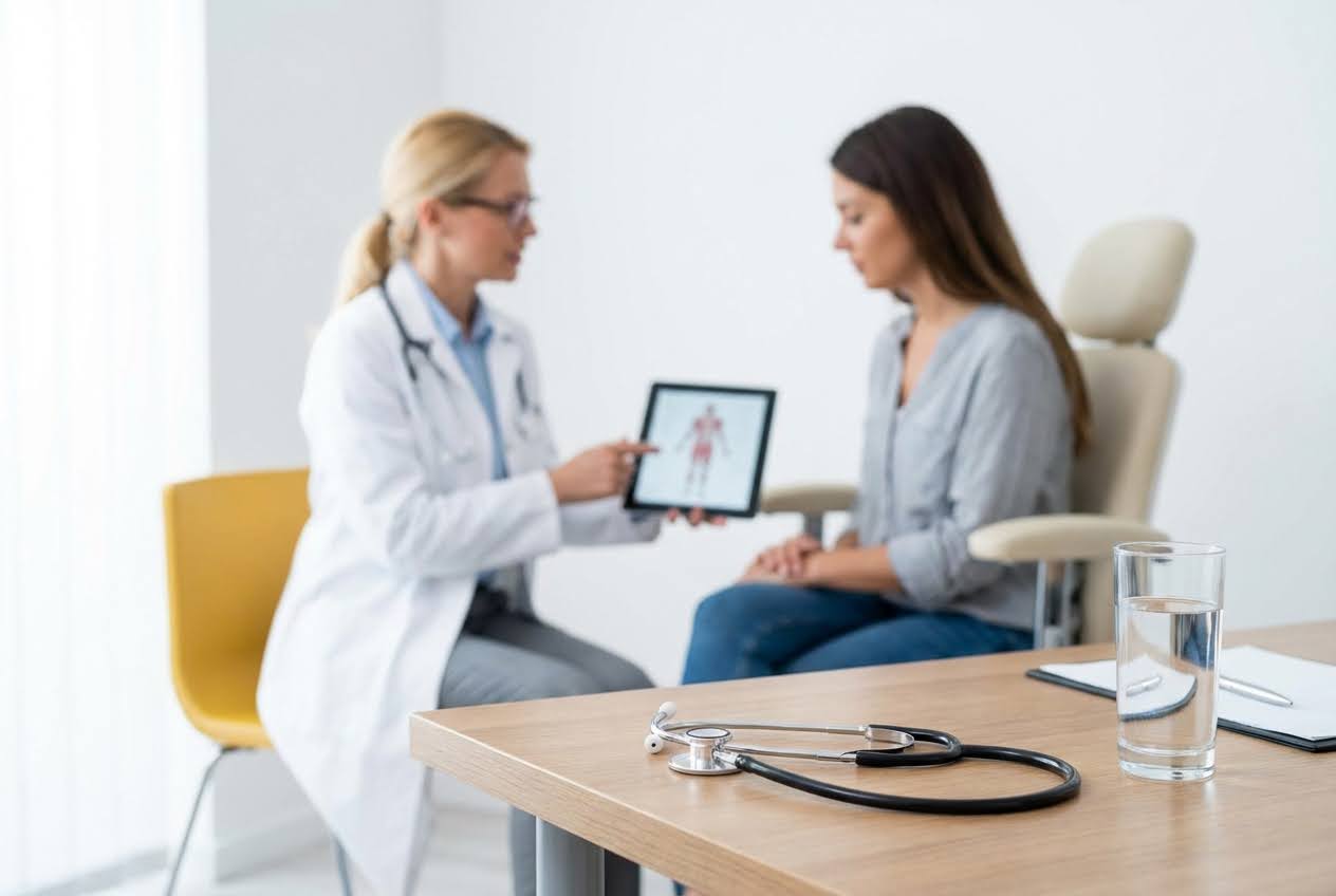 Doctor showing a female patient an anatomical diagram on a tablet, with a stethoscope and water glass in the foreground