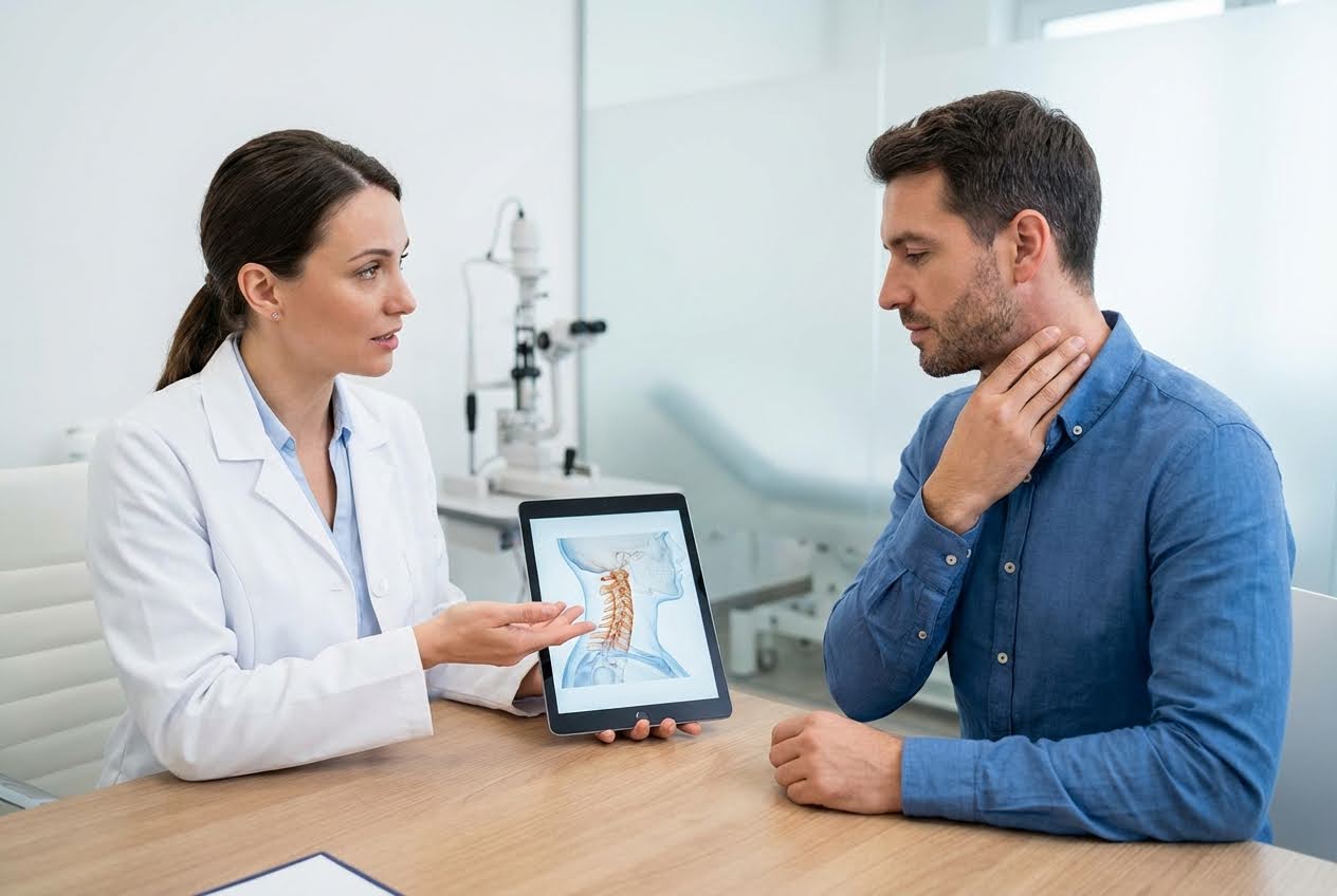 Doctor shows a patient a tablet displaying a cervical spine diagram, while the patient holds his neck.