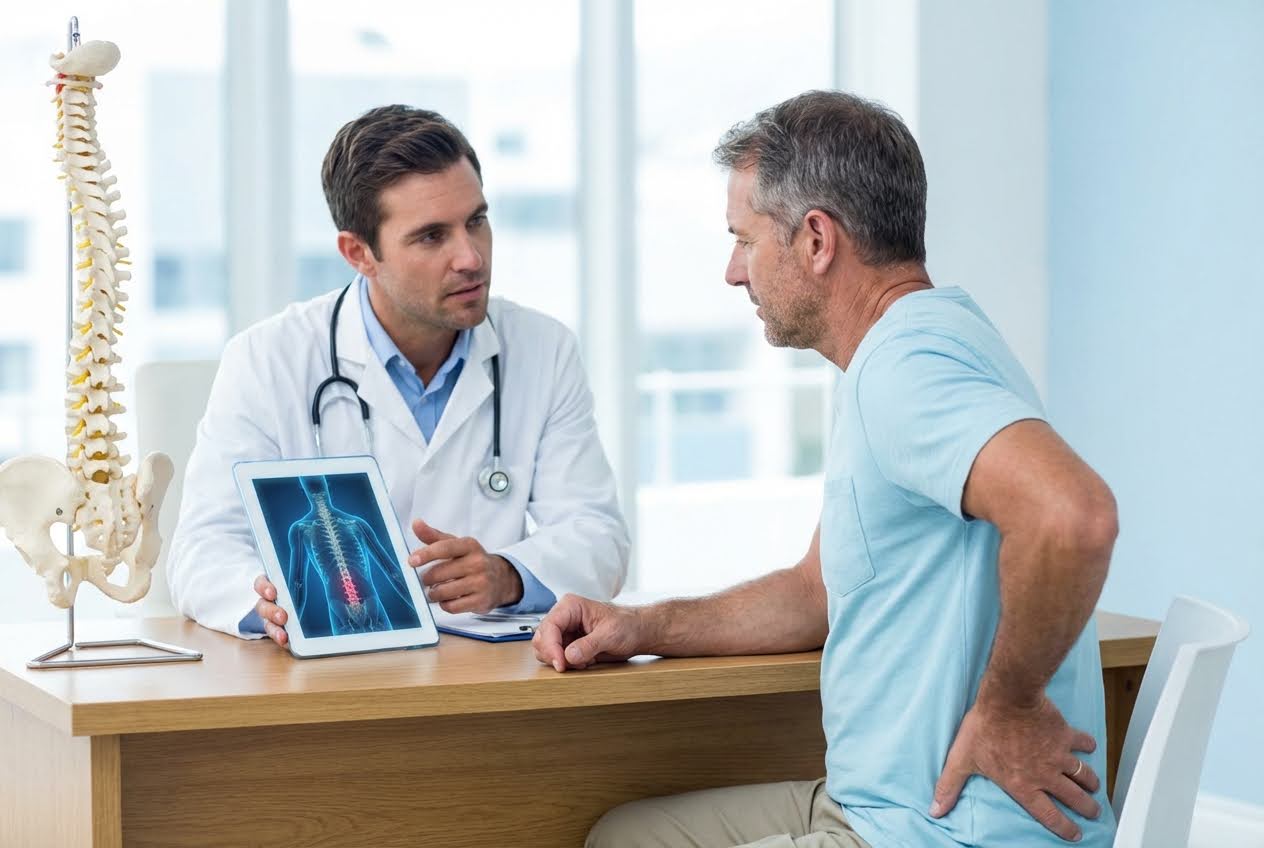 The doctor shows a patient with back pain a tablet displaying a red-highlighted spine, next to a spine model.