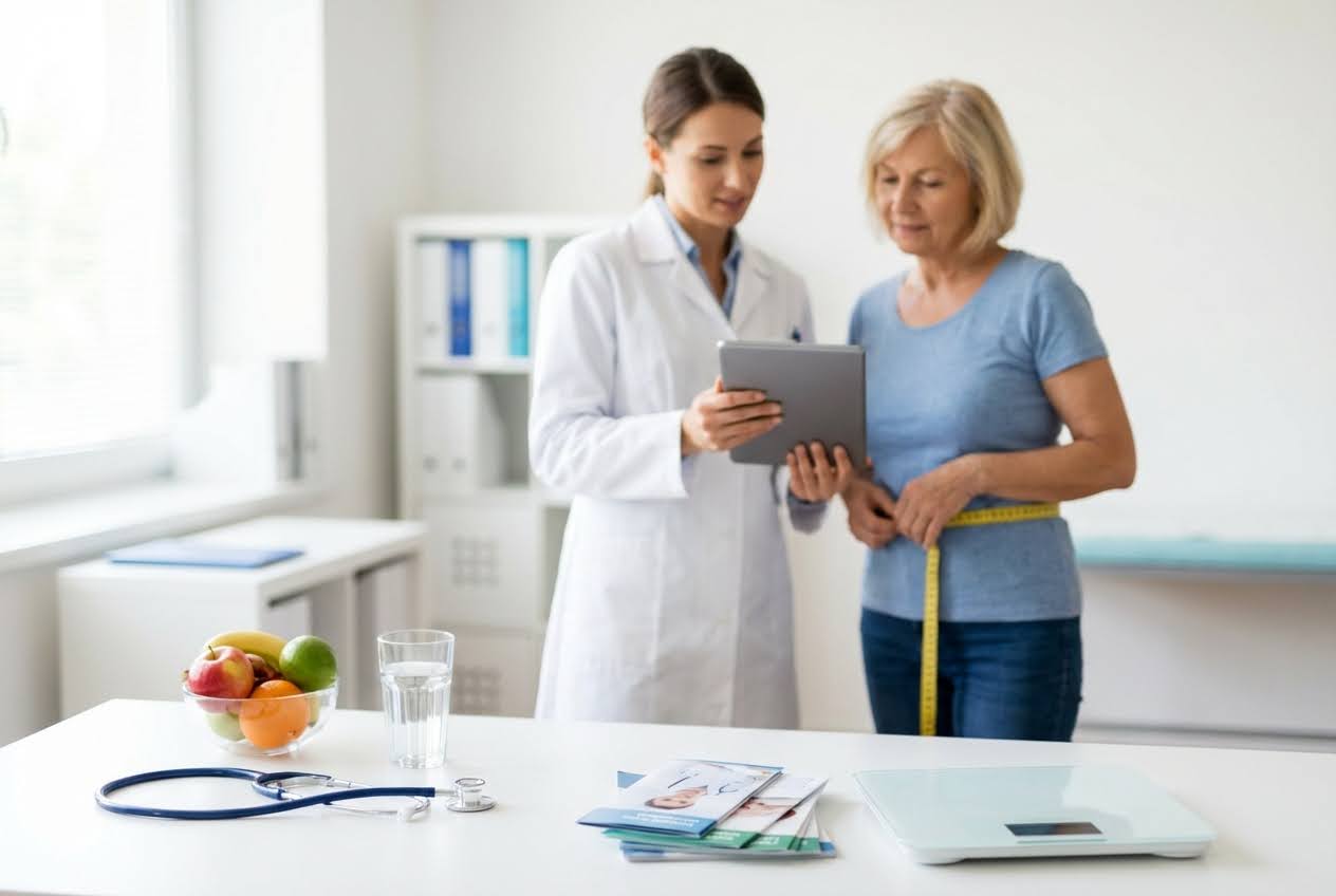 A doctor shows a tablet to an older woman, measuring her waist with a yellow tape in a bright clinic.