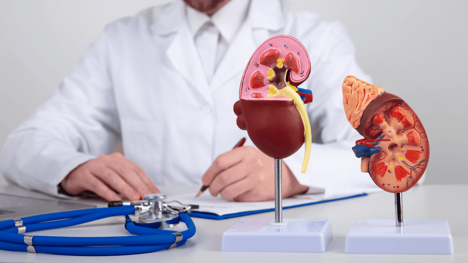 Doctor sitting at a desk with anatomical kidney models in the foreground.