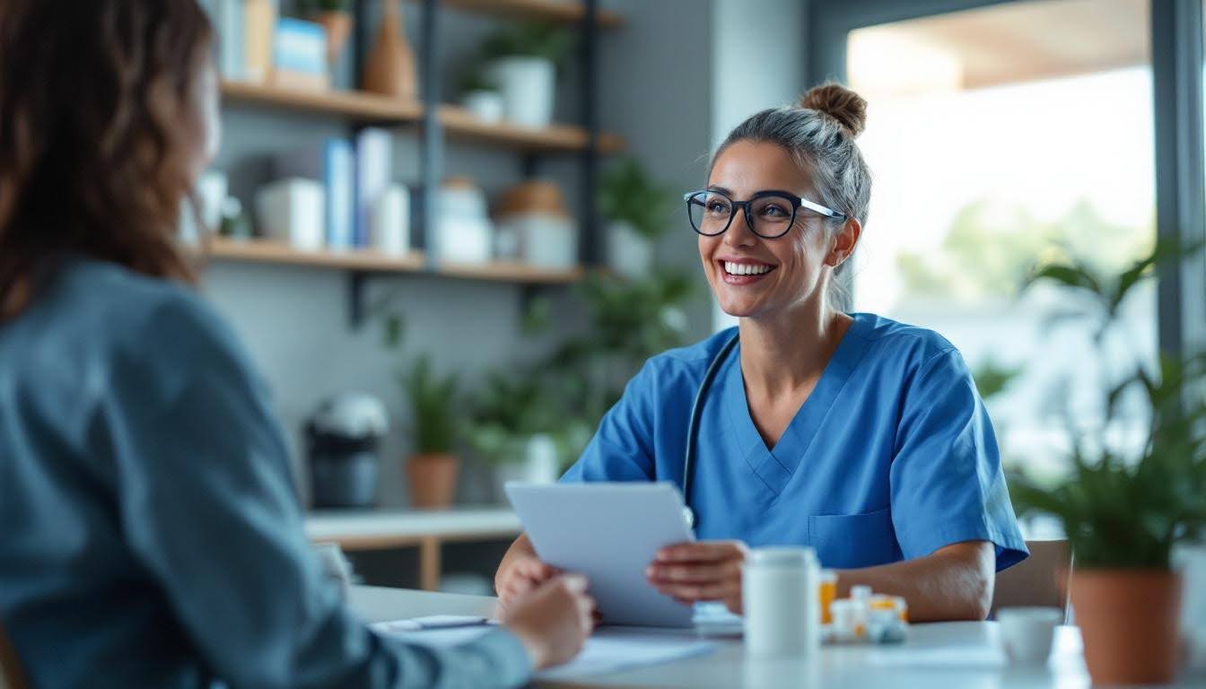 Female doctor holding tablet while sitting and talking to a woman.