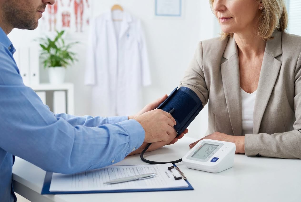 Doctor taking a woman's blood pressure with a digital monitor on a white desk in a bright office.
