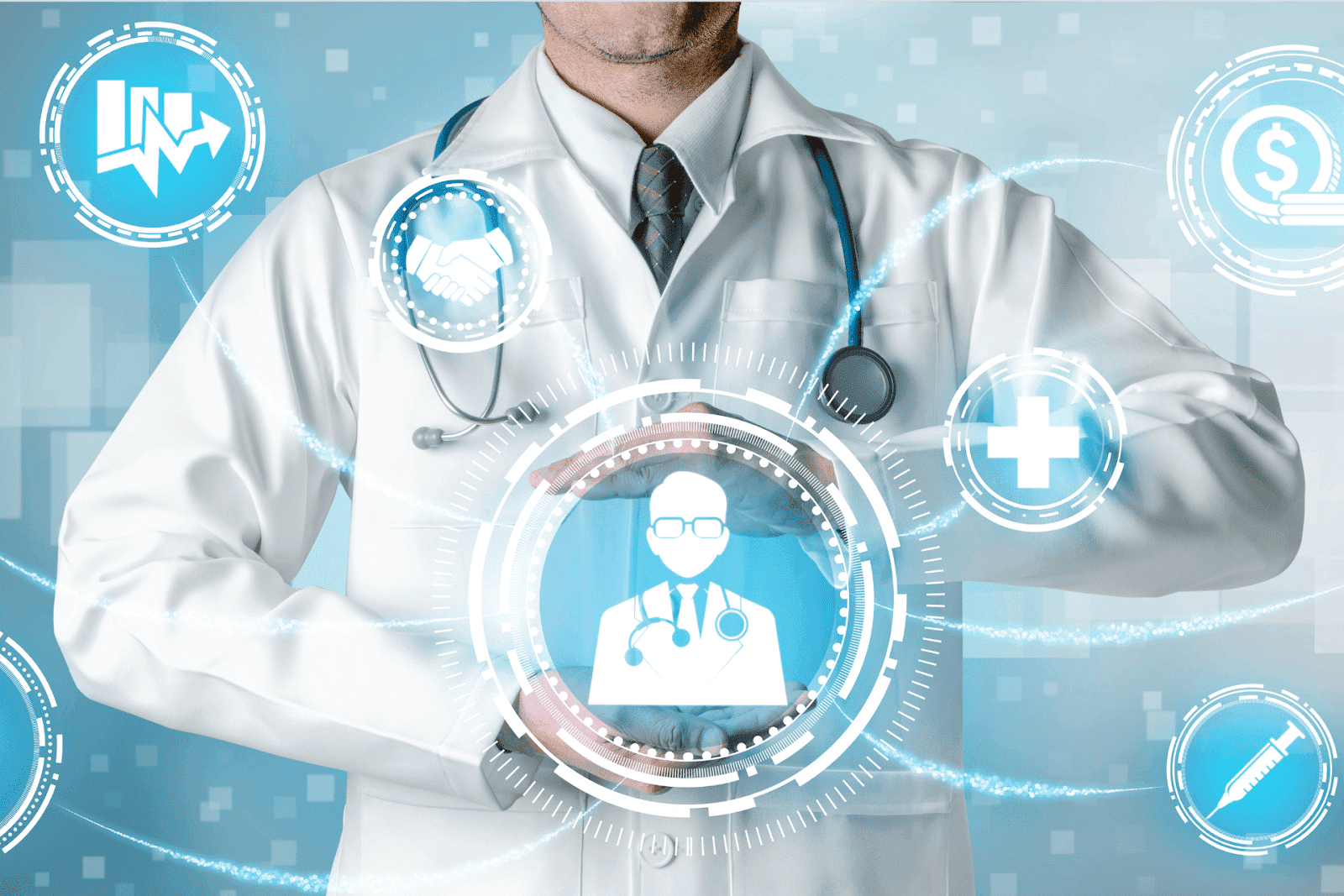 Doctor with digital medical icons overlay