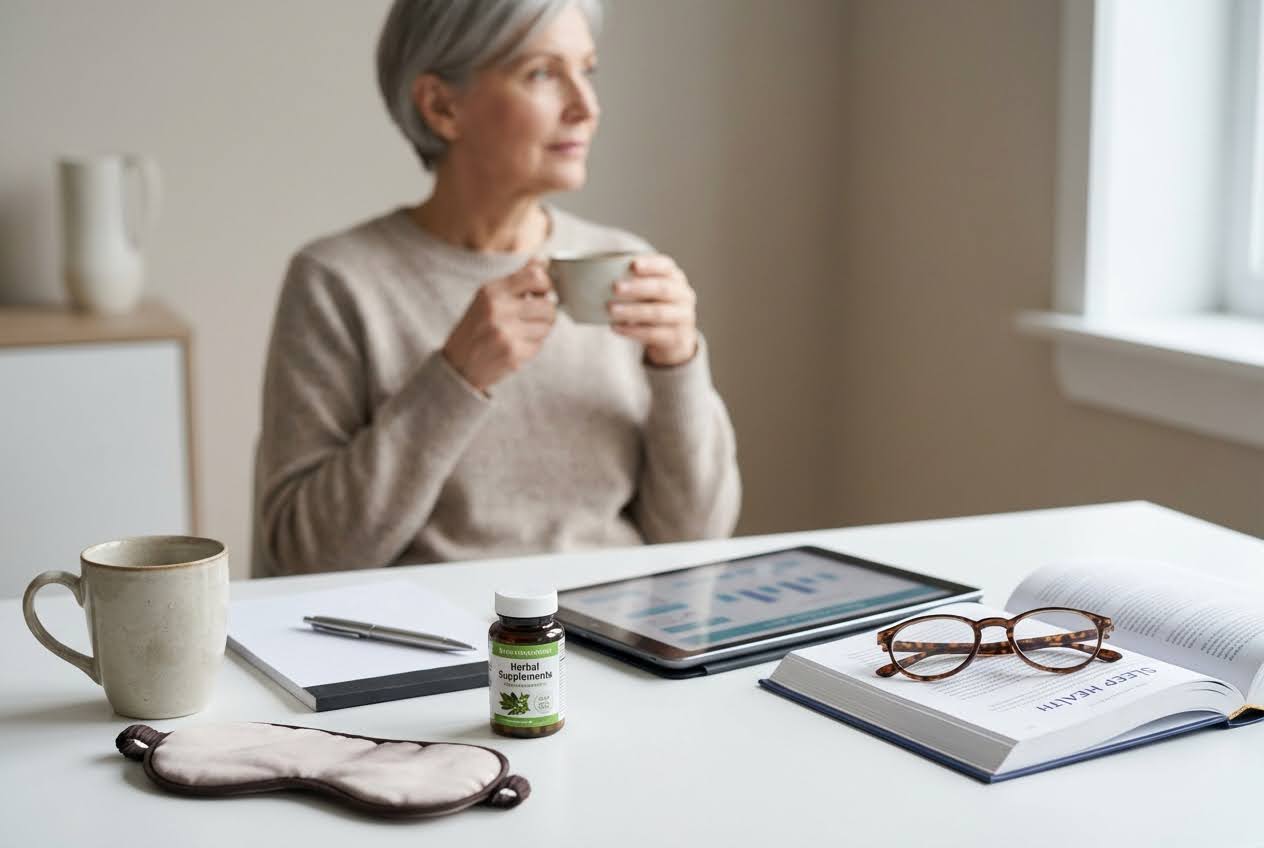 Elderly woman holding a mug, with herbal supplements, a sleep mask, and a Sleep Health book on the table.