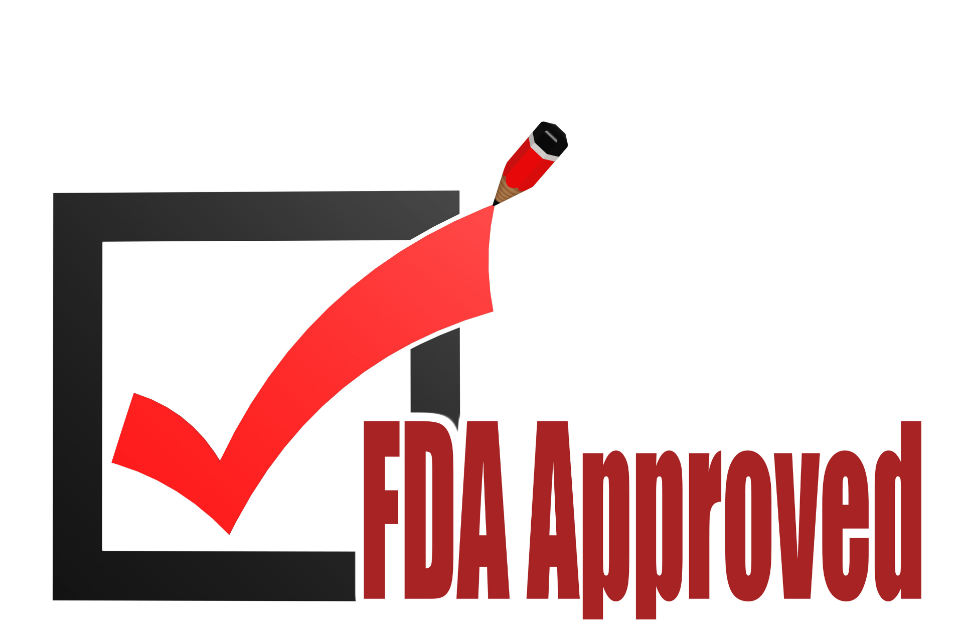 FDA-approved graphic with a red checkmark inside a black box.